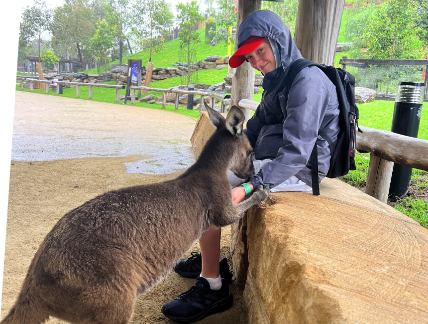 Woman on blue mountains with Kangroo 