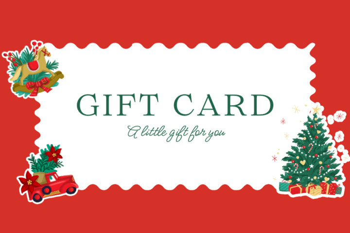 Festive gift card with Christmas tree, gifts, and holiday decorations on a red background.